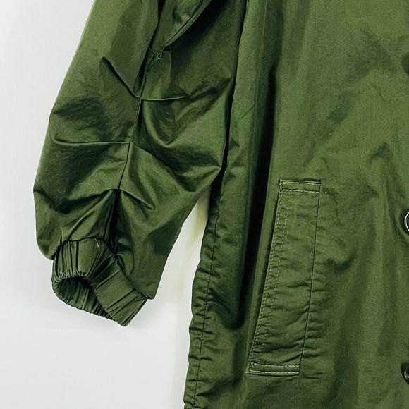 Cabi Olive Green 3/4 Ruched Sleeves Short Length Trench Jacket Coat Womens Small - Picture 3 of 6